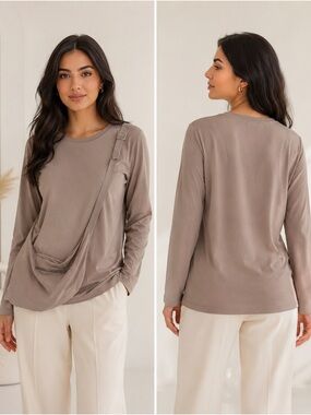 MIA Taupe Long-Sleeve Draped Front Top